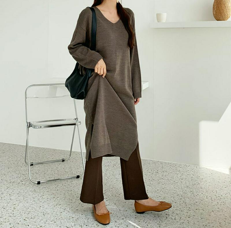 【新作10%OFF】Vネックニットワンピース・全4色・b60939 レディース【ops】【韓国 ファッション ワンピース ミディ