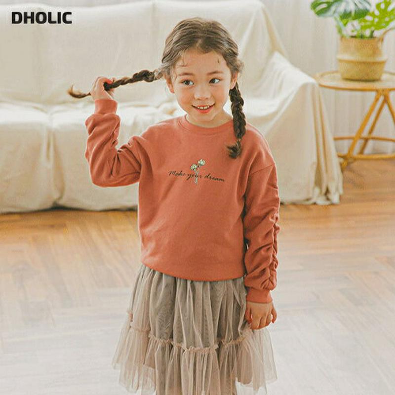 ギャザースリーブ刺繍スウェット(オレンジ)・p005744 キッズ【3~8才】【tops】【トップス スウェット トレーナー 長袖 ギャザー ロゴ 刺繍 カジュアル 可愛い かわいい 春 秋 冬 女の子 韓国 韓国子供服 子供 こども 子供服 こども服】【KIDS】