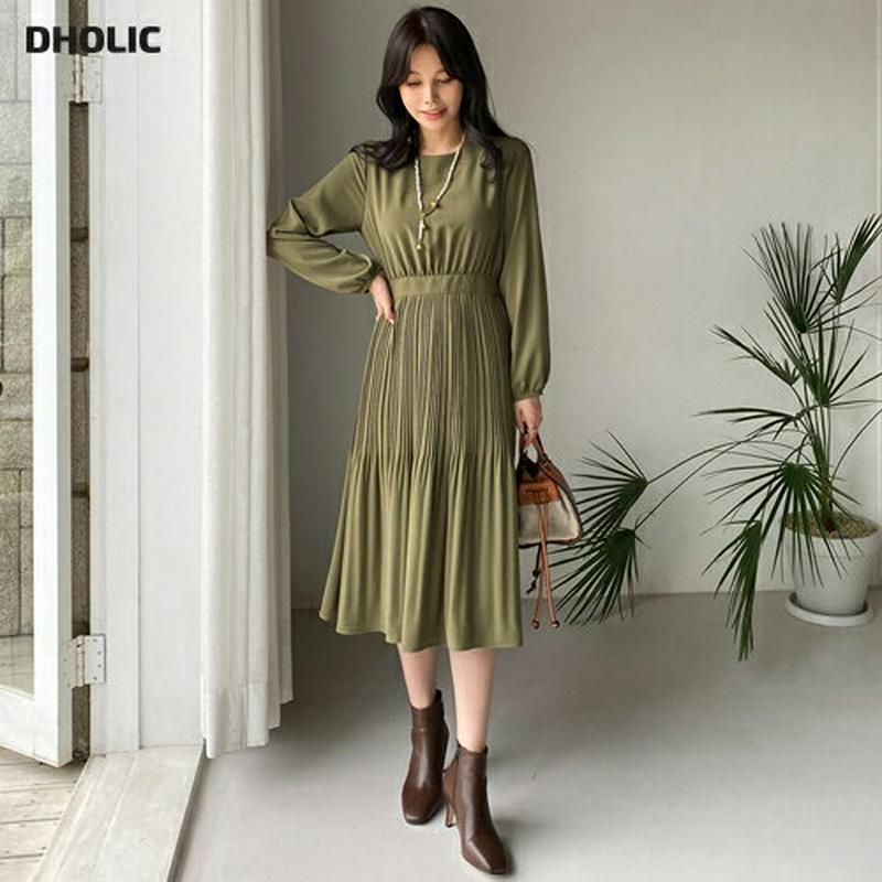 リボンプリーツワンピース・全2色・e64282 レディース【ops】 ワンピース ミディ丈 ミディワンピース 長袖 プリーツ プリーツワンピース リボン りぼん フェミニン 単色 春 秋 韓国ファッション ハイホリHIHOLLI