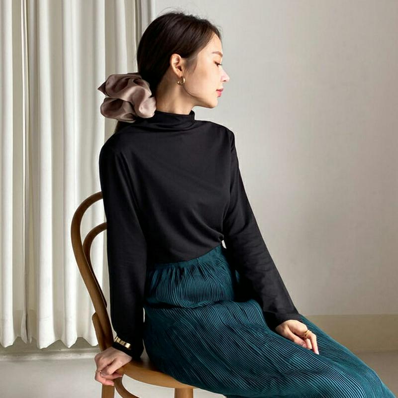【新作10%OFF】ギャザーへムハイネックTシャツ・全5色・b64350 レディース【tops】【トップス Tシャツ 長袖 ハイ