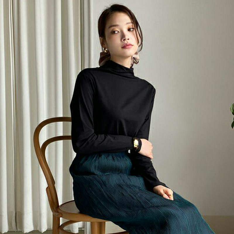 【新作10%OFF】ギャザーへムハイネックTシャツ・全5色・b64350 レディース【tops】【トップス Tシャツ 長袖 ハイ