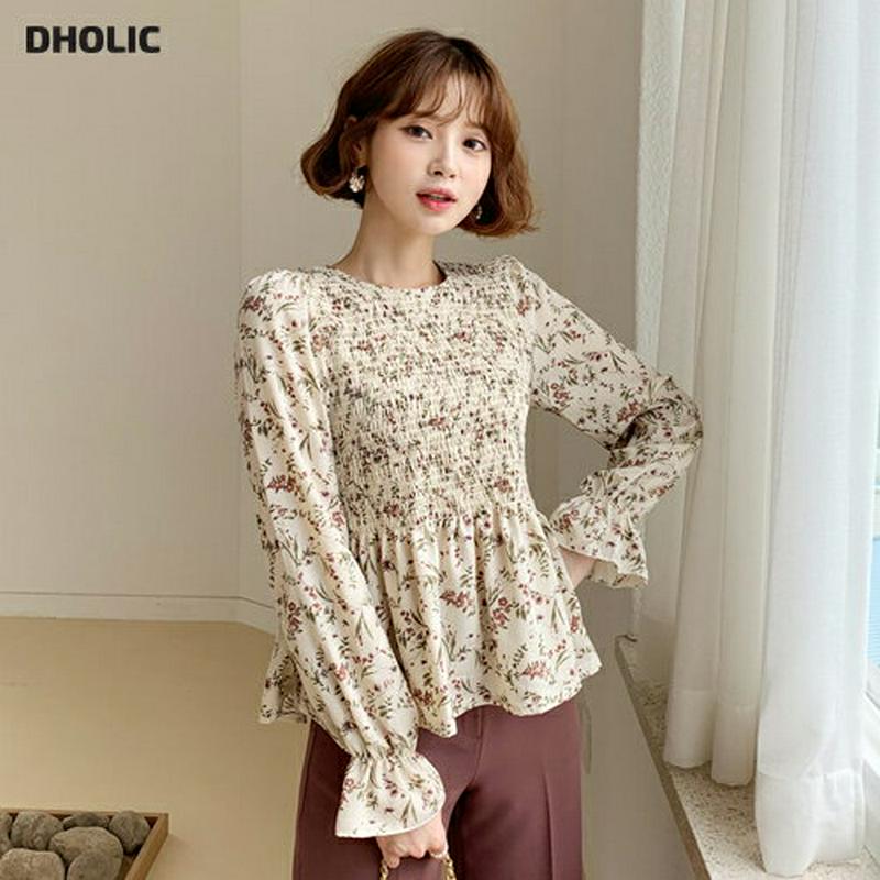 【新作10%OFF】花柄シャーリングブラウス・全3色・b56927 レディース【bl】【韓国 ファッション トップス ブラウス 
