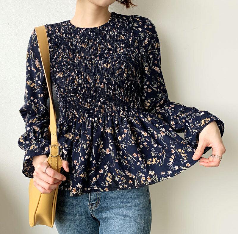 【新作10%OFF】花柄シャーリングブラウス・全3色・b56927 レディース【bl】【韓国 ファッション トップス ブラウス 