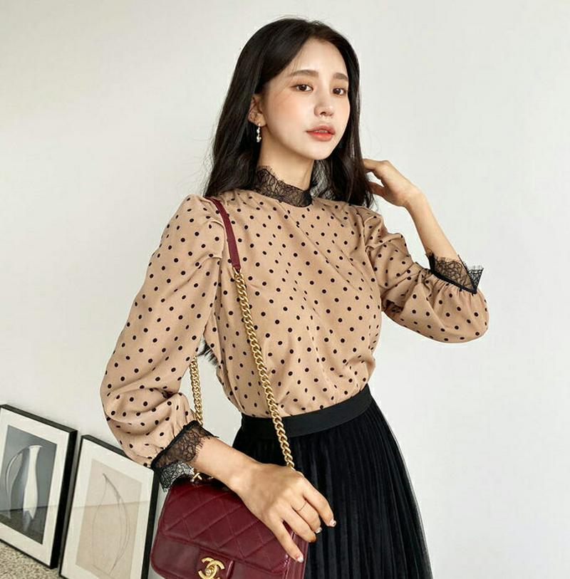 【新作10%OFF】レースヘムドットブラウス・全3色・b56926 レディース【bl】【韓国 ファッション トップス ブラウス 