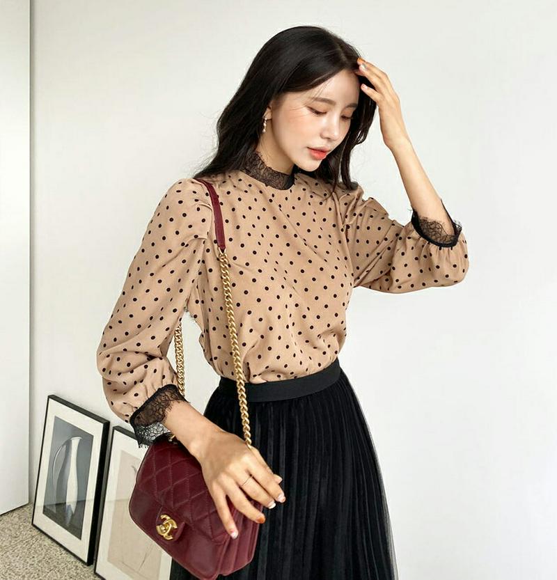 【新作10%OFF】レースヘムドットブラウス・全3色・b56926 レディース【bl】【韓国 ファッション トップス ブラウス 