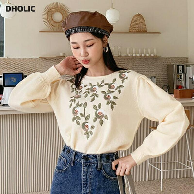 【新作10%OFF】ラウンドフローラル刺繍ニット・全2色・b61021 レディース【tops】【韓国 ファッション トップス ニ