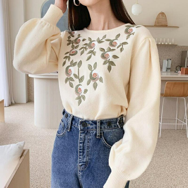 【新作10%OFF】ラウンドフローラル刺繍ニット・全2色・b61021 レディース【tops】【韓国 ファッション トップス ニ