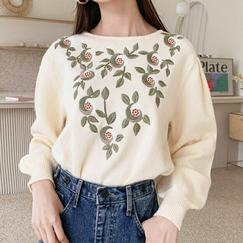 【新作10%OFF】ラウンドフローラル刺繍ニット・全2色・b61021 レディース【tops】【韓国 ファッション トップス ニ