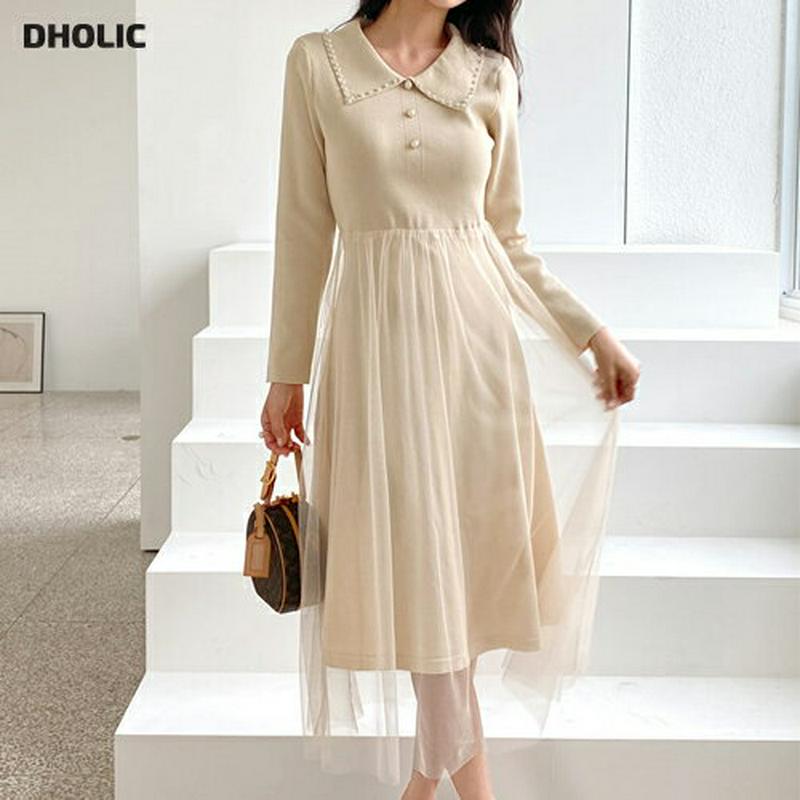 【新作10%OFF】パールチュールニットワンピース・全2色・t56947 レディース【ops】【韓国 ファッション ワンピース 