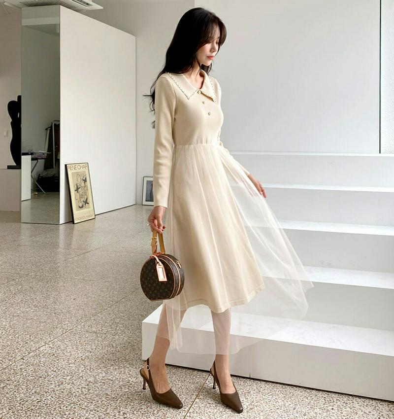 【新作10%OFF】パールチュールニットワンピース・全2色・t56947 レディース【ops】【韓国 ファッション ワンピース 