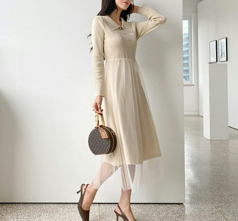 【新作10%OFF】パールチュールニットワンピース・全2色・t56947 レディース【ops】【韓国 ファッション ワンピース 