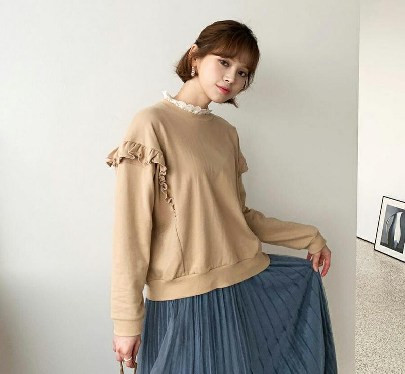 【新作10%OFF】レースネックフリルスウェット・全3色・b56936 レディース【tops】【韓国 ファッション トップス ス