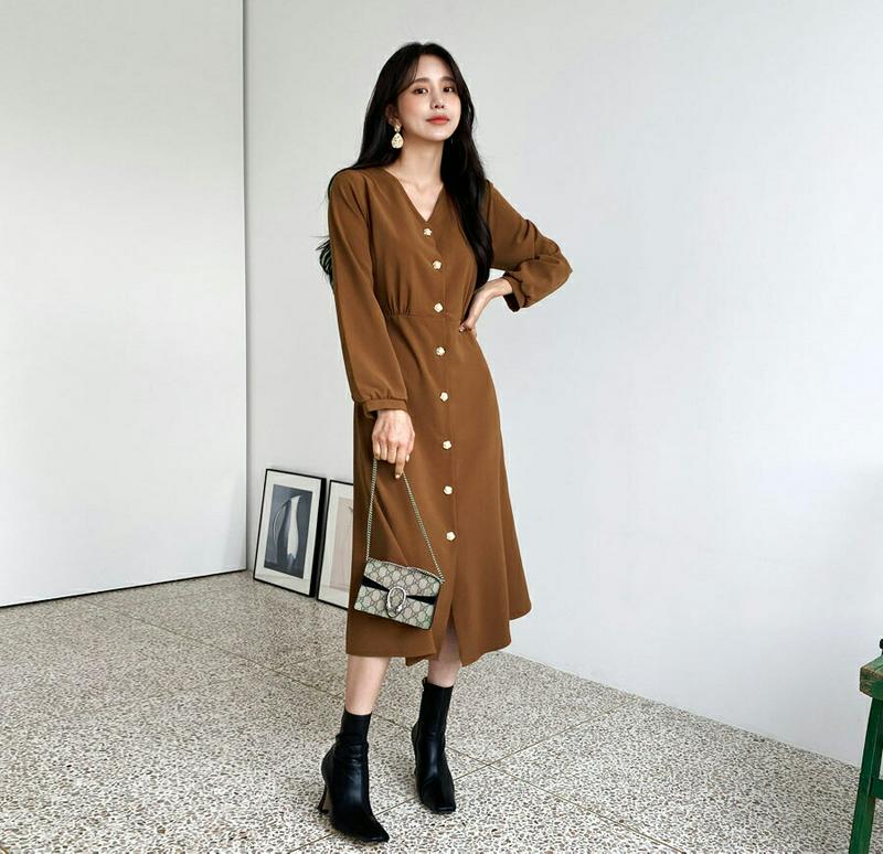 【新作10%OFF】パールボタンワンピース・全4色・t56952 レディース【ops】【韓国 ファッション ワンピース ロングワ