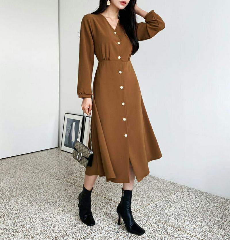 【新作10%OFF】パールボタンワンピース・全4色・t56952 レディース【ops】【韓国 ファッション ワンピース ロングワ
