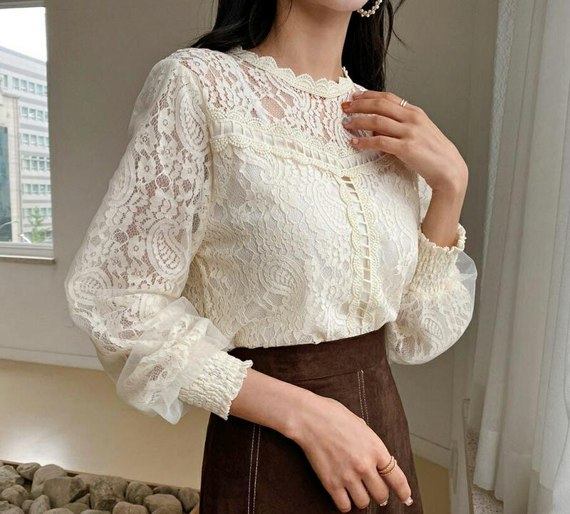 【新作10%OFF】スカラップレースブラウス・全4色・b56942 レディース【bl】【韓国 ファッション トップス ブラウス 