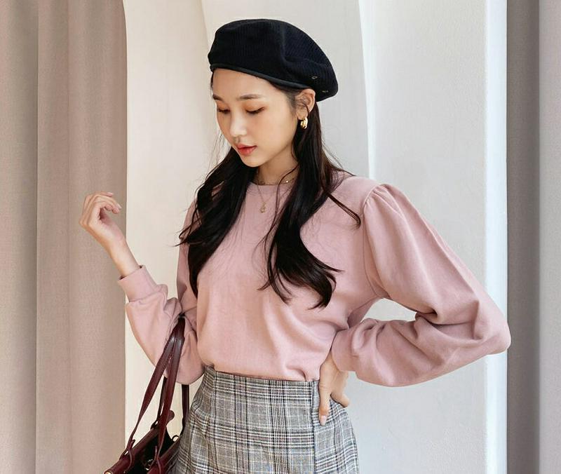 ラウンドパフスウェット・全4色・b55821 レディース【tops】【韓国 ファッション トップス スウェット 長袖 ラウンドネ