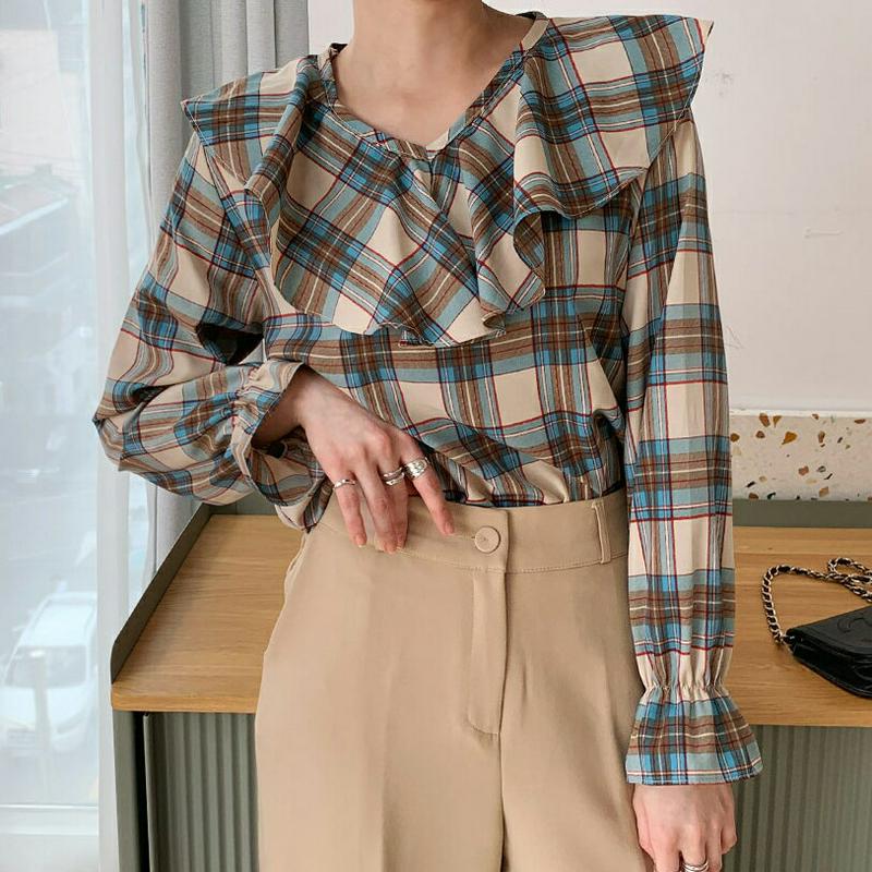 【新作10%OFF】ラッフルネックチェックブラウス・全2色・t61179 レディース【bl】【韓国 ファッション トップス ブラ