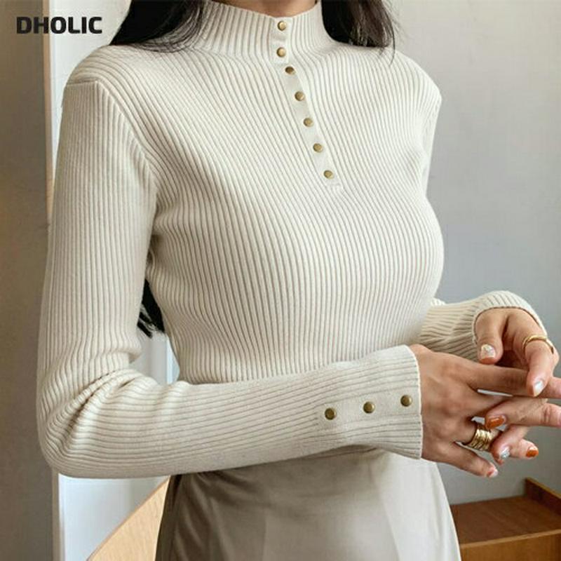 即日配送 ≪人気商品再入荷≫ボタンハーフネックニット・全4色・t61177 レディース【tops】 韓国ファッション トップス ニット ニットトップス ロングスリーブ 長袖 ボタン ハーフネック リブ リブニット シンプル カジュアル ラフ 秋