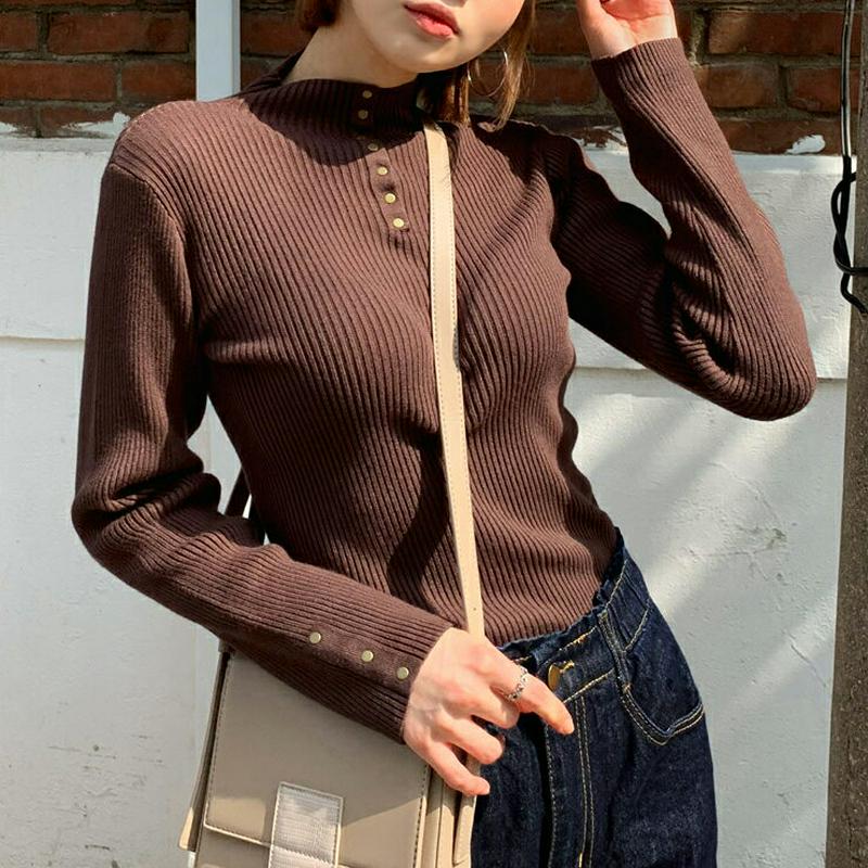 即日配送 ≪人気商品再入荷≫ボタンハーフネックニット・全4色・t61177 レディース【tops】 韓国ファッション トップス ニット ニットトップス ロングスリーブ 長袖 ボタン ハーフネック リブ リブニット シンプル カジュアル ラフ 秋