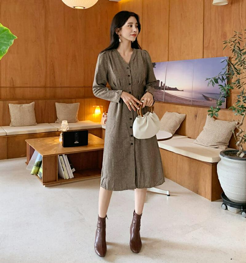 【新作10%OFF】ヘリンボーンボタンワンピース・全2色・b61182 レディース【ops】【韓国 ファッション ワンピース ミ