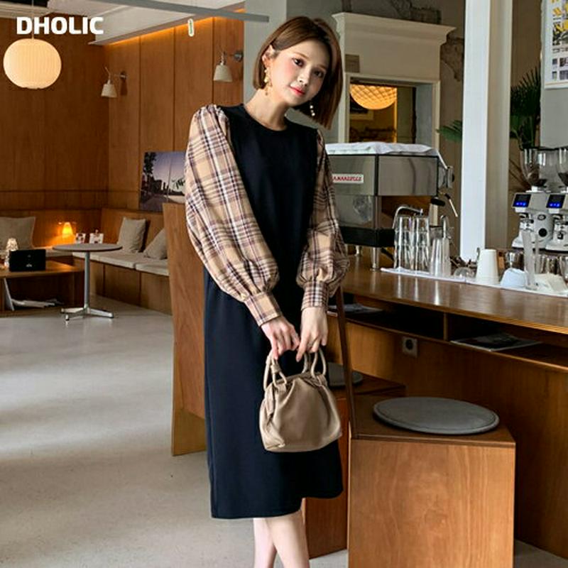 ≪人気商品再入荷≫ チェックスリーブワンピース・全2色・b61212 レディース【ops】 韓国ファッション ワンピース ロングワンピース Hライン スリット チェック柄 チェックスリーブ パフスリーブ 長袖 シンプル カジュアル カットソーワンピース 秋