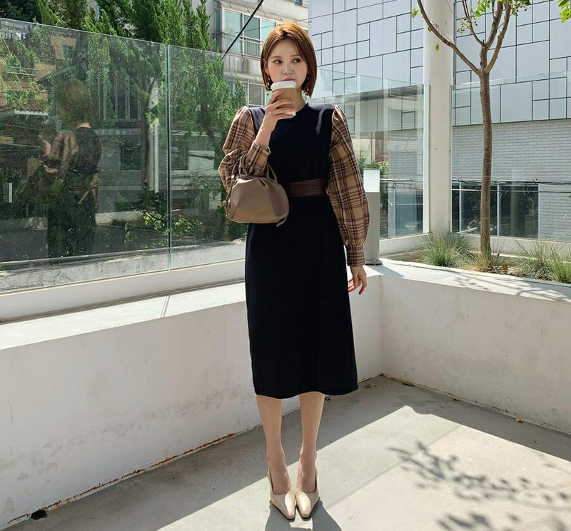 ≪人気商品再入荷≫ チェックスリーブワンピース・全2色・b61212 レディース【ops】 韓国ファッション ワンピース ロングワンピース Hライン スリット チェック柄 チェックスリーブ パフスリーブ 長袖 シンプル カジュアル カットソーワンピース 秋