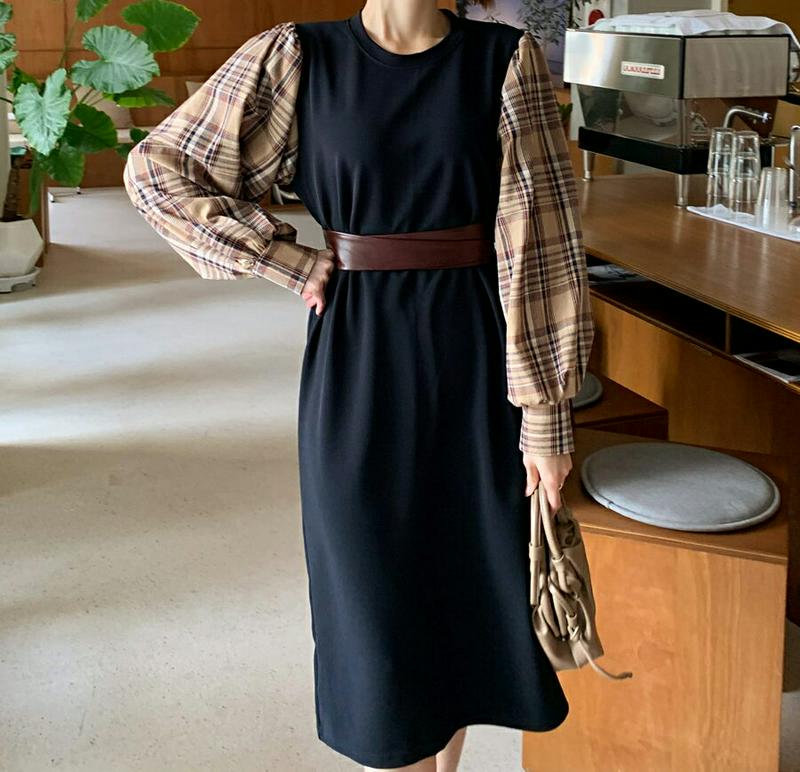 ≪人気商品再入荷≫ チェックスリーブワンピース・全2色・b61212 レディース【ops】 韓国ファッション ワンピース ロングワンピース Hライン スリット チェック柄 チェックスリーブ パフスリーブ 長袖 シンプル カジュアル カットソーワンピース 秋