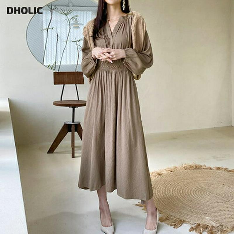 即日配送 ネックスリットギャザーワンピース・全3色・t60783 レディース 【ops】 韓国ファッション ワンピース フレア Aライン Vネック キーネック スキッパー 長袖 無地 カジュアル 秋 春