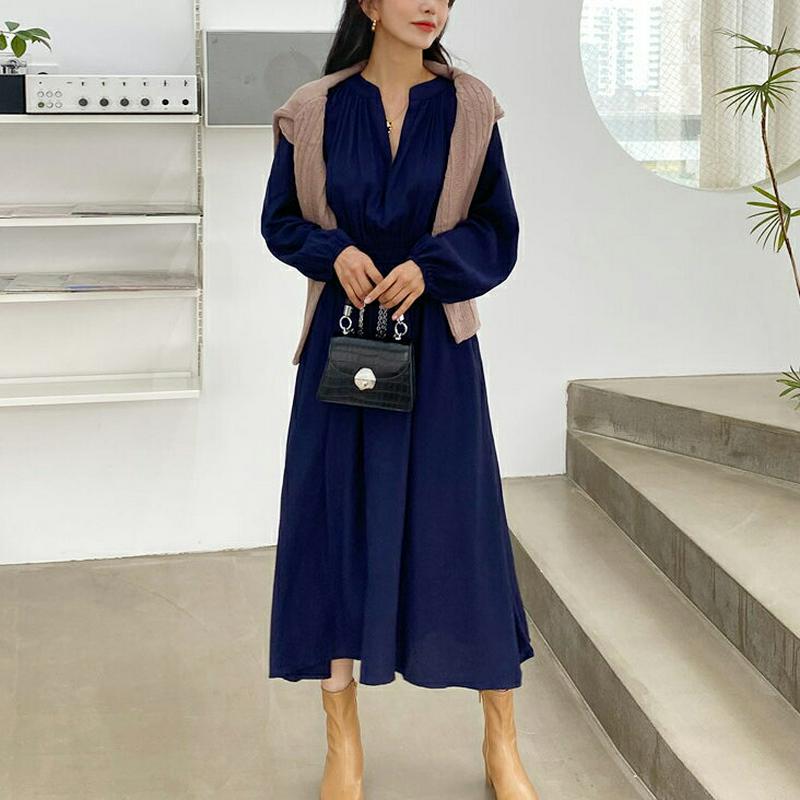 即日配送 ネックスリットギャザーワンピース・全3色・t60783 レディース 【ops】 韓国ファッション ワンピース フレア Aライン Vネック キーネック スキッパー 長袖 無地 カジュアル 秋 春