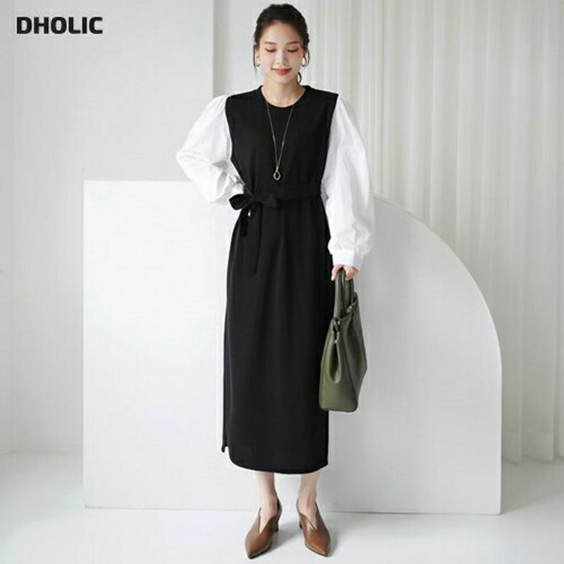 【新作10%OFF】ストラップ付配色パフワンピース・全4色・b64255 レディース【ops】【ワンピース ロング ロングワンピ