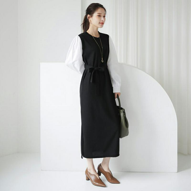 【新作10%OFF】ストラップ付配色パフワンピース・全4色・b64255 レディース【ops】【ワンピース ロング ロングワンピ