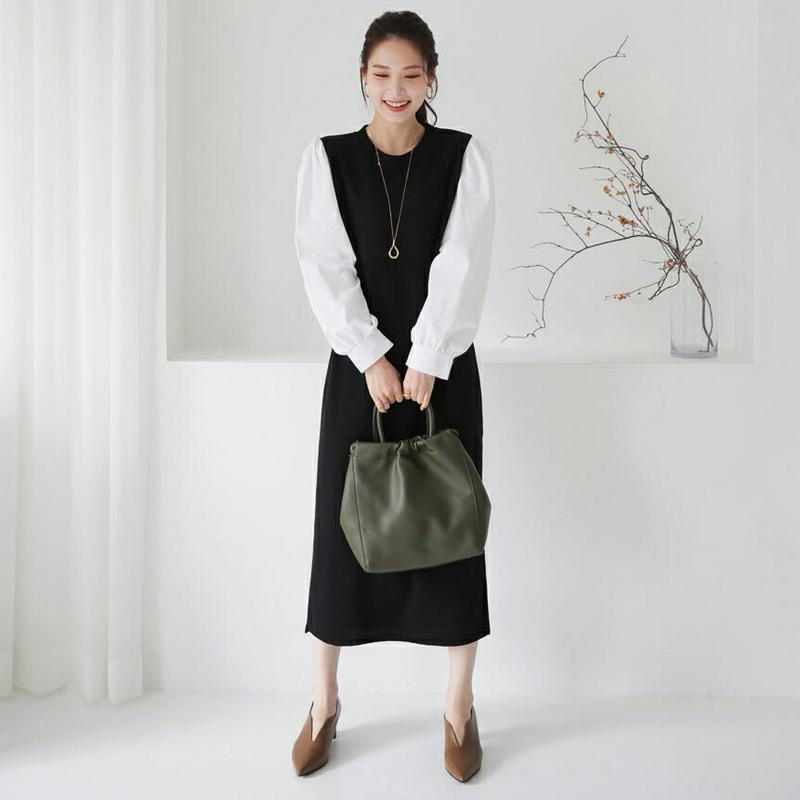 【新作10%OFF】ストラップ付配色パフワンピース・全4色・b64255 レディース【ops】【ワンピース ロング ロングワンピ