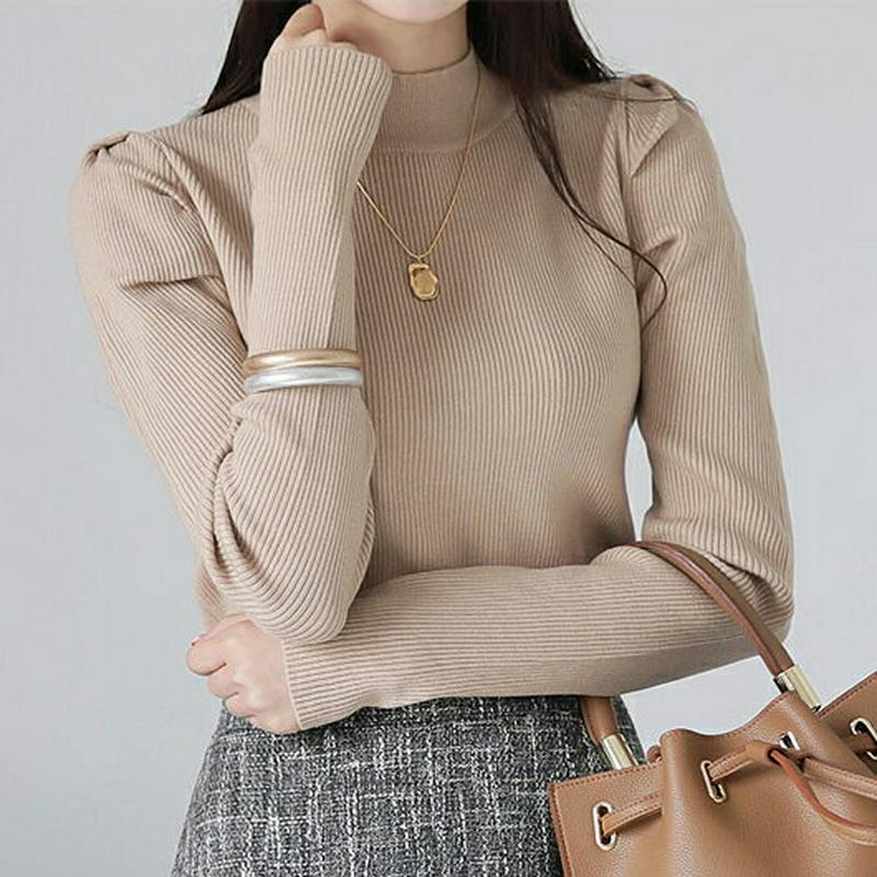【新作10%OFF】ハーフネックパフリブニット・全4色・b64244 レディース【tops】【トップス ニット ニットトップス 
