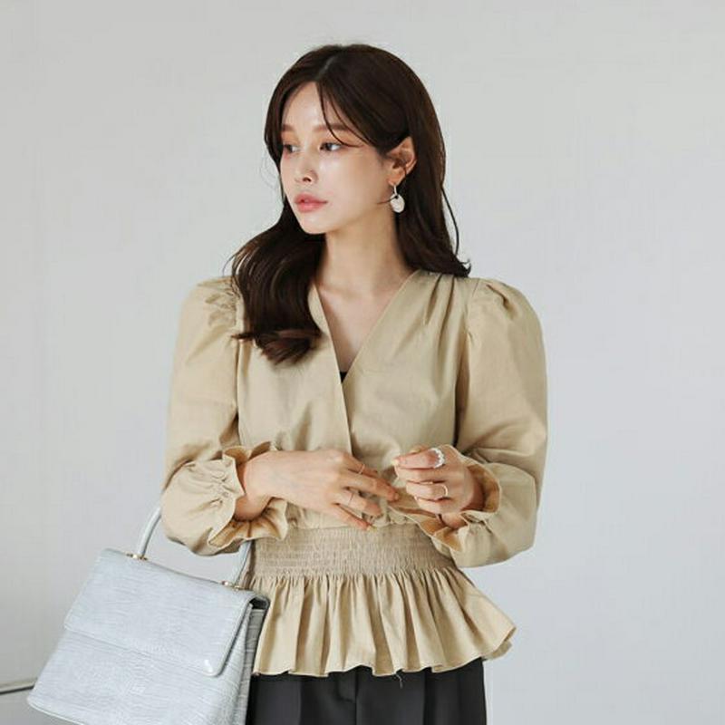 【新作10%OFF】Vネックシャーリングブラウス・全3色・t64242 レディース【bl】【トップス ブラウス 長袖 シャーリン