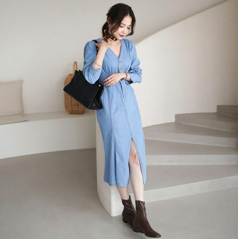 【新作10%OFF】Vネックデニムワンピース・全1色・t64313 レディース【ops】【ワンピース ロング ロングワンピース 