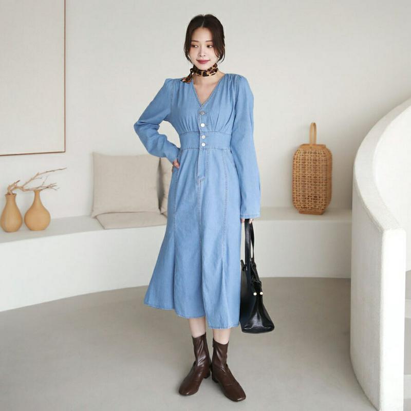 【新作10%OFF】Vネックデニムワンピース・全1色・t64313 レディース【ops】【ワンピース ロング ロングワンピース 