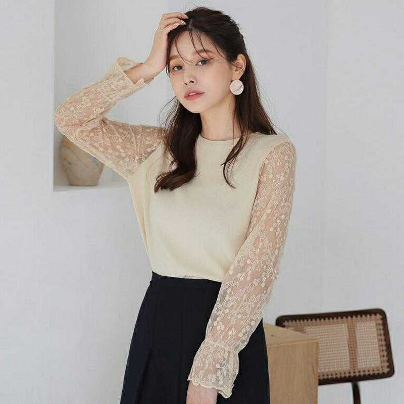 【新作10%OFF】レースパフスリーブTシャツ・全3色・b64239 レディース【tops】【トップス Tシャツ 長袖 透け感 