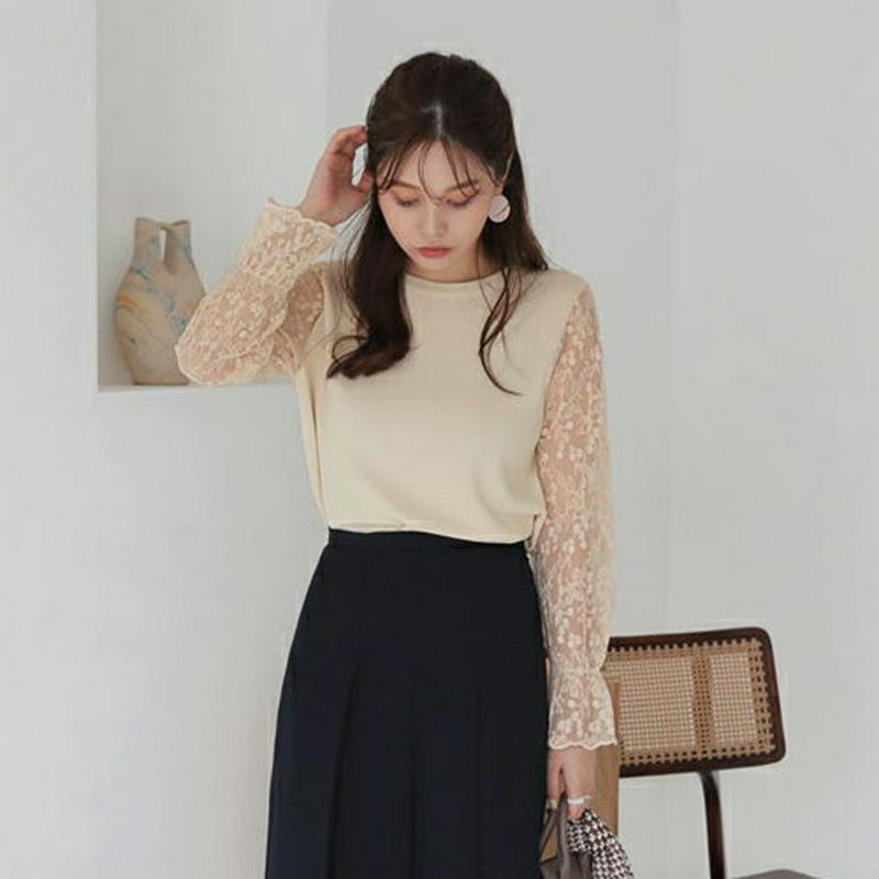 【新作10%OFF】レースパフスリーブTシャツ・全3色・b64239 レディース【tops】【トップス Tシャツ 長袖 透け感 