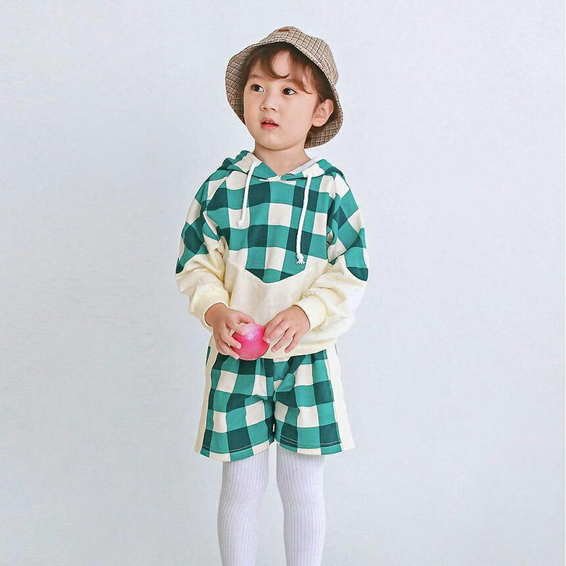 チェックフーディ&パンツ&タイツ3SET・p007553 キッズ【3~8才】【set】【セットアップ setup トップス パーカー フード フーディー 長袖 半ズボン ハーフパンツ チェック柄 女の子 男の子 韓国 韓国子供服 子供 こども 子供服 こども服】【KIDS】
