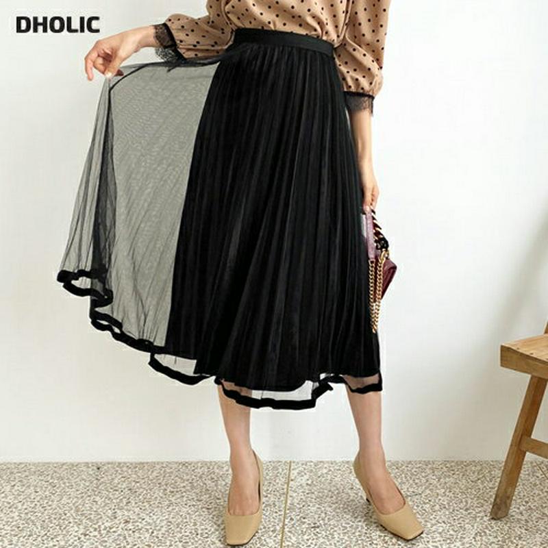 ベロアチュールプリーツスカート・全4色・b56934 レディース【sk】【韓国 ファッション ボトムス スカート ロング丈 ロングスカート プリーツ ベロア チュールスカート ウエストゴム 楽ちん 透け感 揺れ感 フェミニン 上品 大人 秋】