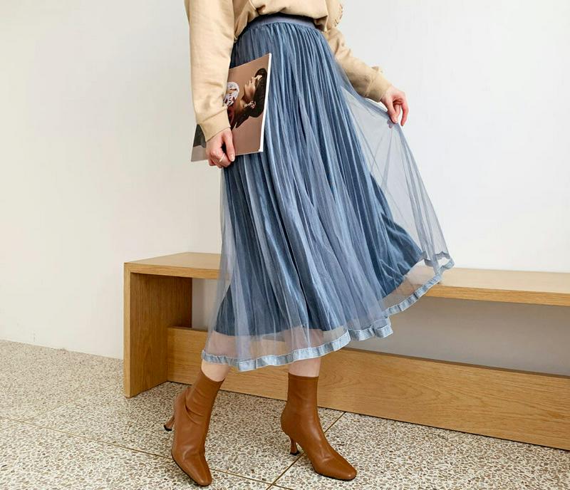 ベロアチュールプリーツスカート・全4色・b56934 レディース【sk】【韓国 ファッション ボトムス スカート ロング丈 ロングスカート プリーツ ベロア チュールスカート ウエストゴム 楽ちん 透け感 揺れ感 フェミニン 上品 大人 秋】