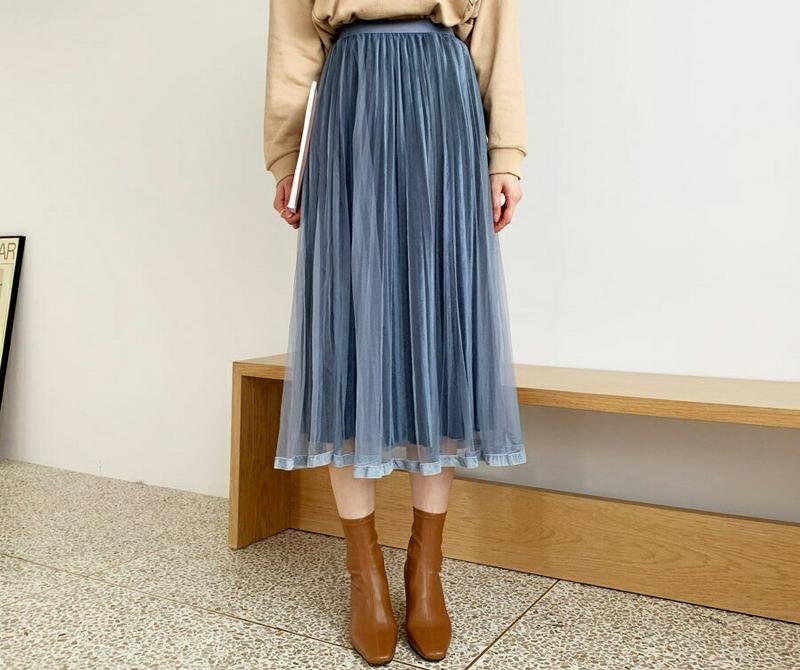 ベロアチュールプリーツスカート・全4色・b56934 レディース【sk】【韓国 ファッション ボトムス スカート ロング丈 ロングスカート プリーツ ベロア チュールスカート ウエストゴム 楽ちん 透け感 揺れ感 フェミニン 上品 大人 秋】