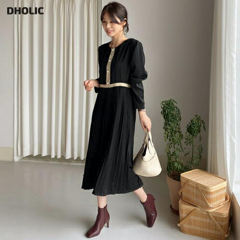 【新作10%OFF】パールボタンプリーツワンピース・全1色・b64291 レディース【ops】【韓国 ファッション ワンピース 