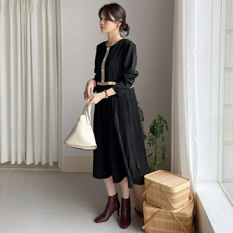 【新作10%OFF】パールボタンプリーツワンピース・全1色・b64291 レディース【ops】【韓国 ファッション ワンピース 