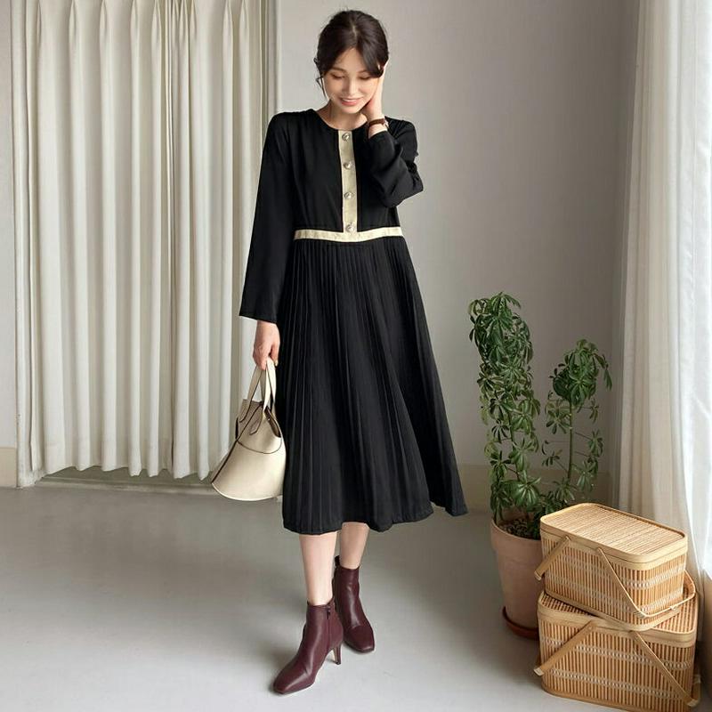 【新作10%OFF】パールボタンプリーツワンピース・全1色・b64291 レディース【ops】【韓国 ファッション ワンピース 