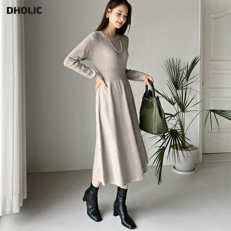 【只今10%OFF】リブラウンドフレアワンピース・全2色・b64348 レディース【ops】【韓国 ファッション ワンピース ロングワンピース ニット ニットワンピース フレア リブ スリム 長袖 ラウンドネック シンプル カジュアル ラフ 秋 冬】【ハイホリHIHOLLI】