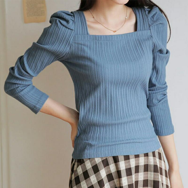 【新作10%OFF】リブスクエアネックパフTシャツ・全3色・t64349 レディース【tops】【韓国 ファッション トップス 