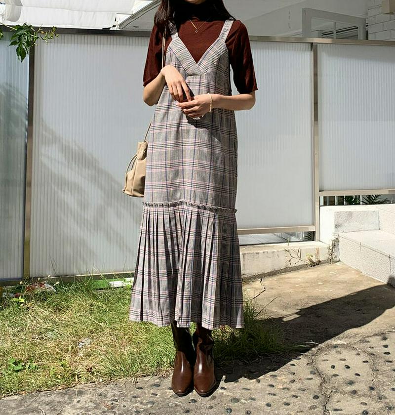 【新作10%OFF】プリーツヘムチェックワンピース・全3色・t55915 レディース【ops】【韓国 ファッション ワンピース 