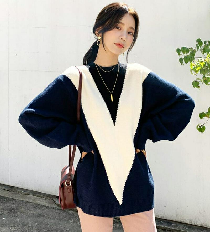 【新作10%OFF】V配色ルーズニット・全2色・b55878 レディース【tops】【韓国 ファッション トップス ニット ニッ
