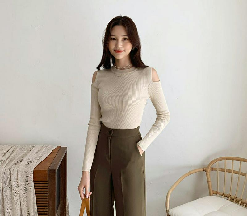 【新作10%OFF】ショルダースリットリブニット・全3色・b55930 レディース【tops】【韓国 ファッション トップス ニ